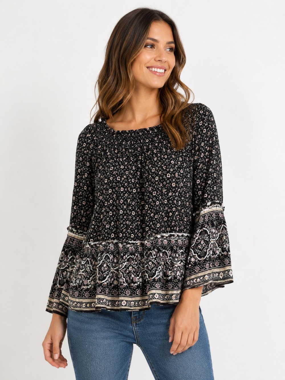 American Eagle Women Floral Blouse Black Beige Bohemian Style Bell Sleeves Small